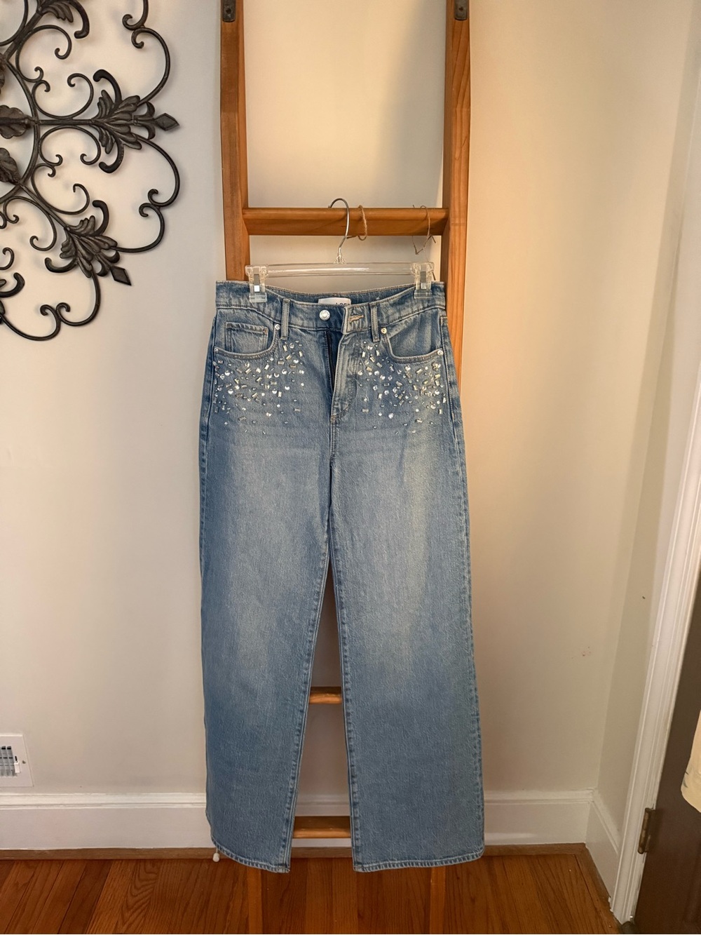 LOFT Light Blue Straight Leg Jeans with Rhinestone Detail